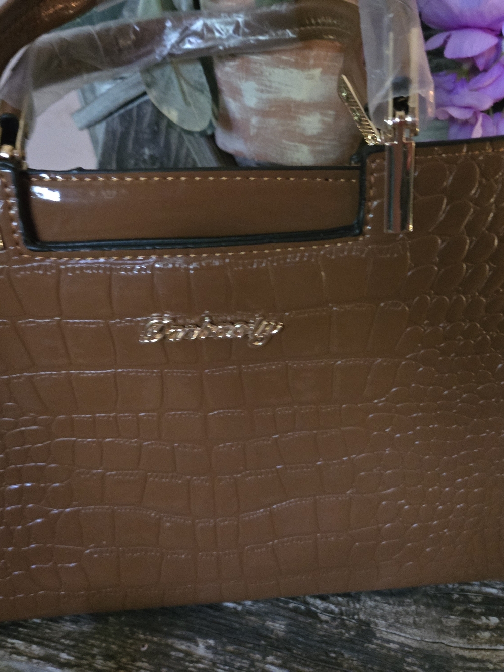 Bamboo Brown Croc-Embossed Tote Bag